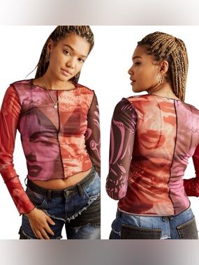 NEW girl ORDER Faces Print Mesh Wrap Top Size M